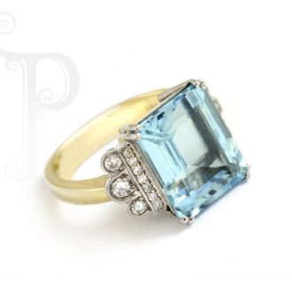 18k Yellow and White Gold Aquamarine Emerald Cut & Diamond Ring