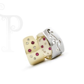9k Yellow And White Gold Diamond & Ruby Huggie Earrings