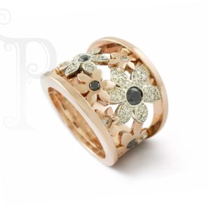9k Rose and White Gold Black and White Diamond Daisy Ring