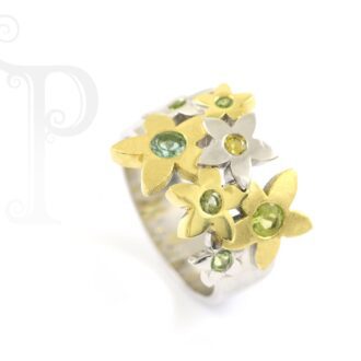18k White and Yellow Gold Green Tourmaline and Demantoid Diasy Ring