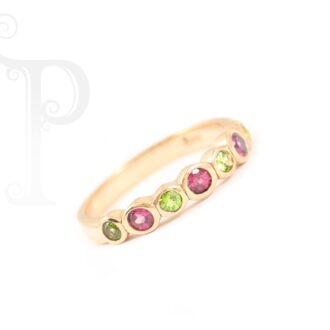 9k Rose Gold Rhodalite and Peridot Tube Set Eternity Ring