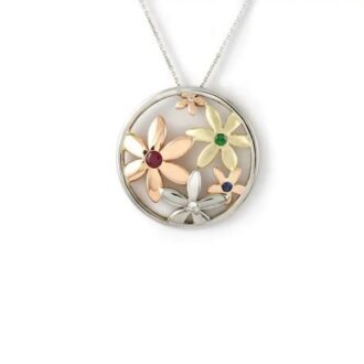 9k Rose, White and Yellow Gold Diamond,Ruby, Sapphire and Emerald Daisy Necklace