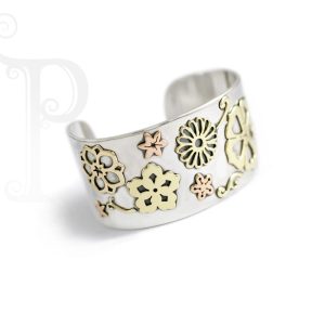 9k Rose and Yellow Gold and Silver Daisy Bangle
