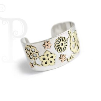 9k Rose and Yellow Gold and Silver Daisy Bangle