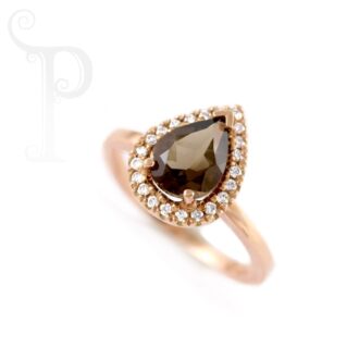 9k Rose Gold Pear Halo Smokey Quartz & Diamond Ring