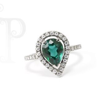 18k White Gold Pear Shape Tourmaline & Diamond Halo Ring
