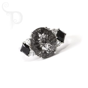 9k White Gold Tourmalinated Quartz, Spinel and Diamond Ring