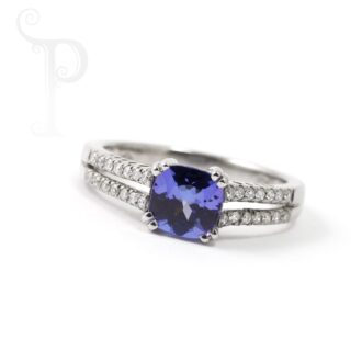 18K White Gold Cushion Cut Tanzanite and Diamond Ring
