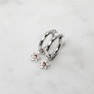 Sterling Silver & 9ct RG Daisy Charm Hoop Earrings -Medium