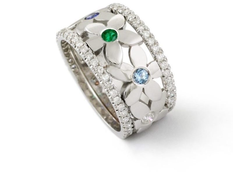 18kWhiteGoldDiamondAquamarineEmeraldYellowSapphireAndTanzaniteDaisyRing